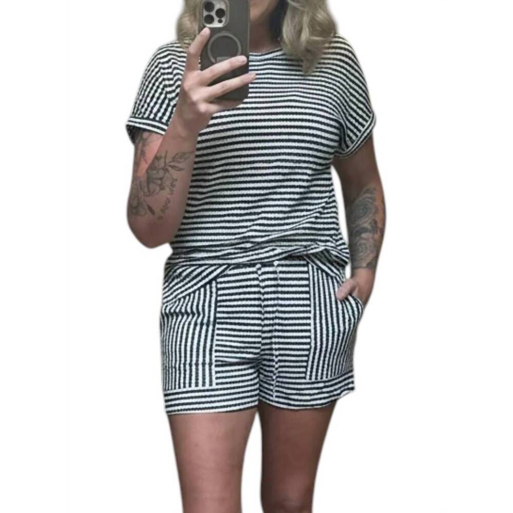 NEW 1 THE WOMAN striped textured knit top and short set in black